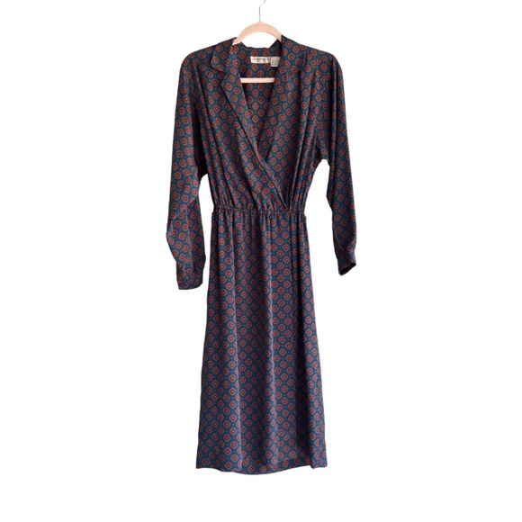 Liz Claiborne Vintage Teal and Orange Geometric Print Wrap Midi Dress Size 8 - Picture 3 of 5